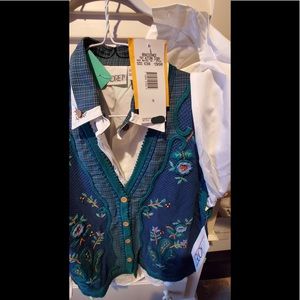 NWT KORET VEST & BUTTON DOWN WHT EMBROIDERY SHIRT  10 GREEN BLUE & pants 14